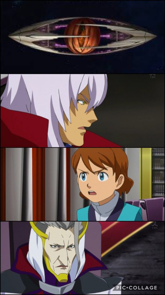 ゼハート「イゼルカント様、ゼハート・ガレット、ただいま戻りました。」イゼルカント「うむ。入れ。」ゼハート「失礼します。」イゼルカント「よく来た。地球圏の者よ。」キオ「はじめまして、ボクはキオ・アスノ。こっちのが、アオ....」イゼルカント「おおおお...!!?」キオ「え!?どうしたんですか!?」イゼルカント「おお...ロミ...!!」キオ「え...?ロミ...?」ゼハート「どうしたのです!?イゼルカント様!?」イゼルカント「ハッ!?おお、すまなかった。おぬしが死んだ私の息子に瓜二つでな..。生きて私に会いに来たのかと思ったのだ...。」キオ「え?ボクに似てる...?」アオ「(どういう事だ?このジイさんとキオは全然似てないが?)」ゼハート「(....もしや、少々おボケになってしまわれているのか?おいたわしや、イゼルカント様...!)」イゼルカント「いや、気にしないでくれ、キオとやら。其方たちには、我ら火星圏の現状を是非知ってもらいたい。」キオ「ボク達も、その事を知る為にココに来ました。」イゼルカント「では知って貰おう、火星圏の真実を...!.....あれはA.G.以前の旧世紀に行われた火星移住計画だった。今から遡ること約300年前だったか.....。増大した地球圏の人口問題を解決すべく、当時の地球連邦は、火星の豊富な資源と広大な土地を見込み、その未開拓の土地を甦らせるべく、品種改良した苔とゴ◯ブリを実験的に放ち、火星を人が住める環境にしたのだ。そして約200年前。地球連邦は調査隊を火星に向かわせたのだ....。しかし、調査隊の連絡は途絶え、テラフォーミング計画の失敗を悟った地球連邦は、火星圏を諦め、コロニー建造計画に移行したのだ...。」キオ「この設定の話は、過去作品の“ガンダムAGE−1フルグランサバースト”にも掲載されてるよ!チェックしてみてねっ!」イゼルカント「だが、調査隊は全滅してはいなかった!進化したゴ◯ブリが蠢く過酷な環境の火星を、必死に生き抜いてきたのだ!それが、我々ヴェイガンだ。」キオ「ええっ...!?ゴ◯ブリ...!?」