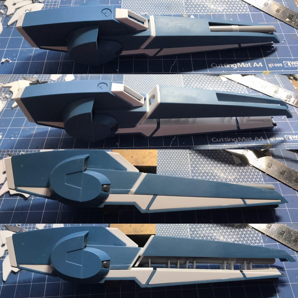 右肩のビームランチャーシールドブースターはスライドギミックを設け、内部のチラ見せや、最大出力を表現しています。