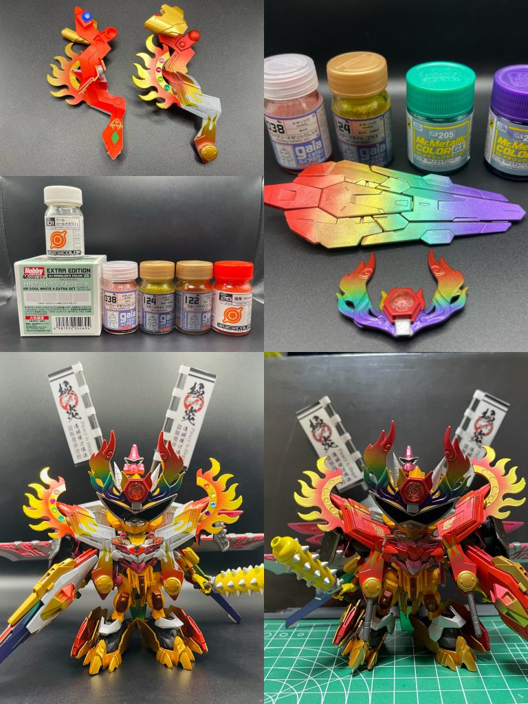陣羽織部分の塗装色白部:HRクールホワイトの上にパールゴールドホワイトファイヤーパターン:プライマリーメタリックレッドとスターブライトブラス金色部:スターブライトゴールド裏面:焔朱当初画像右下の色でフィニッシュしたのですが、ちょっと色合いがくどいかなと思い、陣羽織を塗りなおしました頑飛斗&兜飾り赤:プライマリーメタリックレッド黄:スターブライトブラス緑:GXメタルグリーン紫:GXメタルバイオレットでグラデーショングラデーション部分が中間色になってるので、4色+3色で7色の虹色っぽくなっているのでした