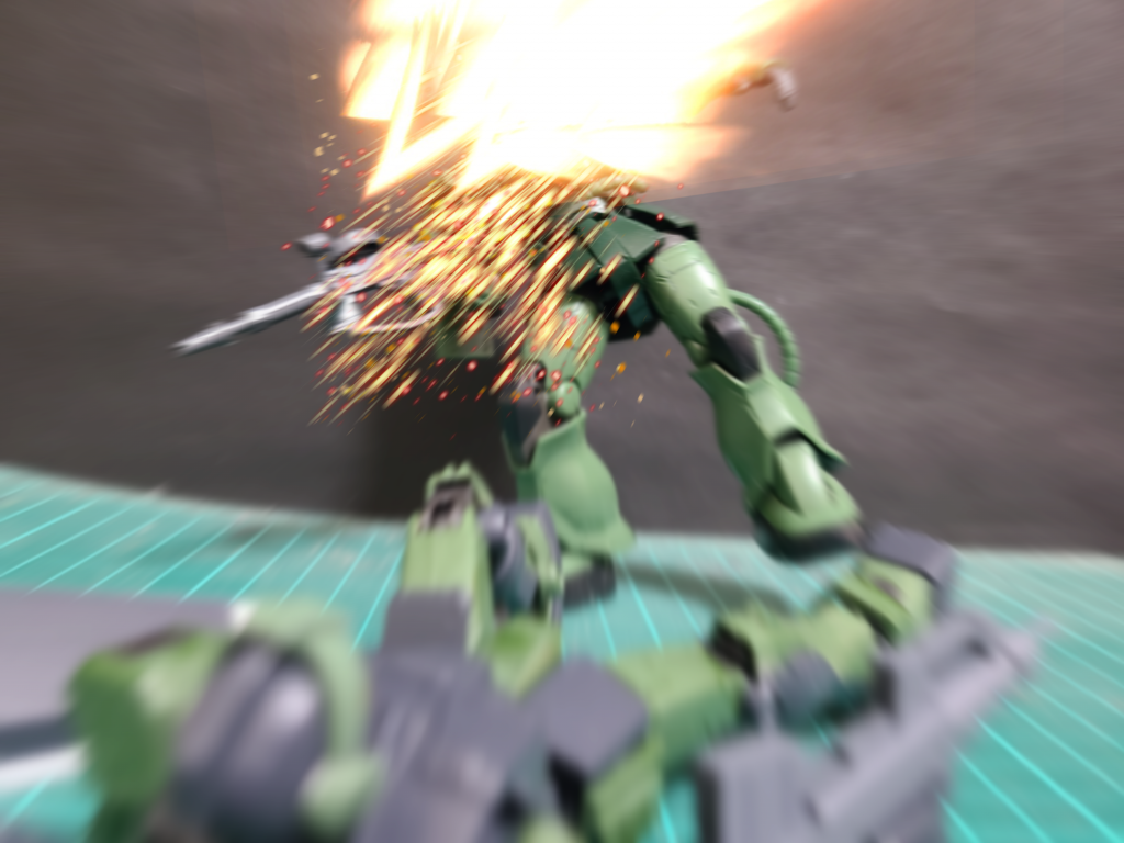 強烈な爆音と共にザクが爆散するδ「べぇえっ!?」