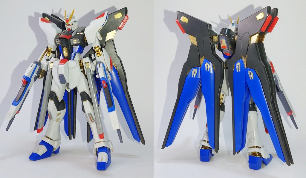 アニメ設定に準拠した色分けにした上に、他の上位グレード(PG、MG、RG)のキットのような金色部分も作りました。金色部分には旧HGVer.GFTの金シールの余白や百均の金シール等、それとガンダムマーカーEXイエローゴールドを使用しました。そのほかの塗装部分はガンダムマーカーや水性ホビーカラーを使用しています。