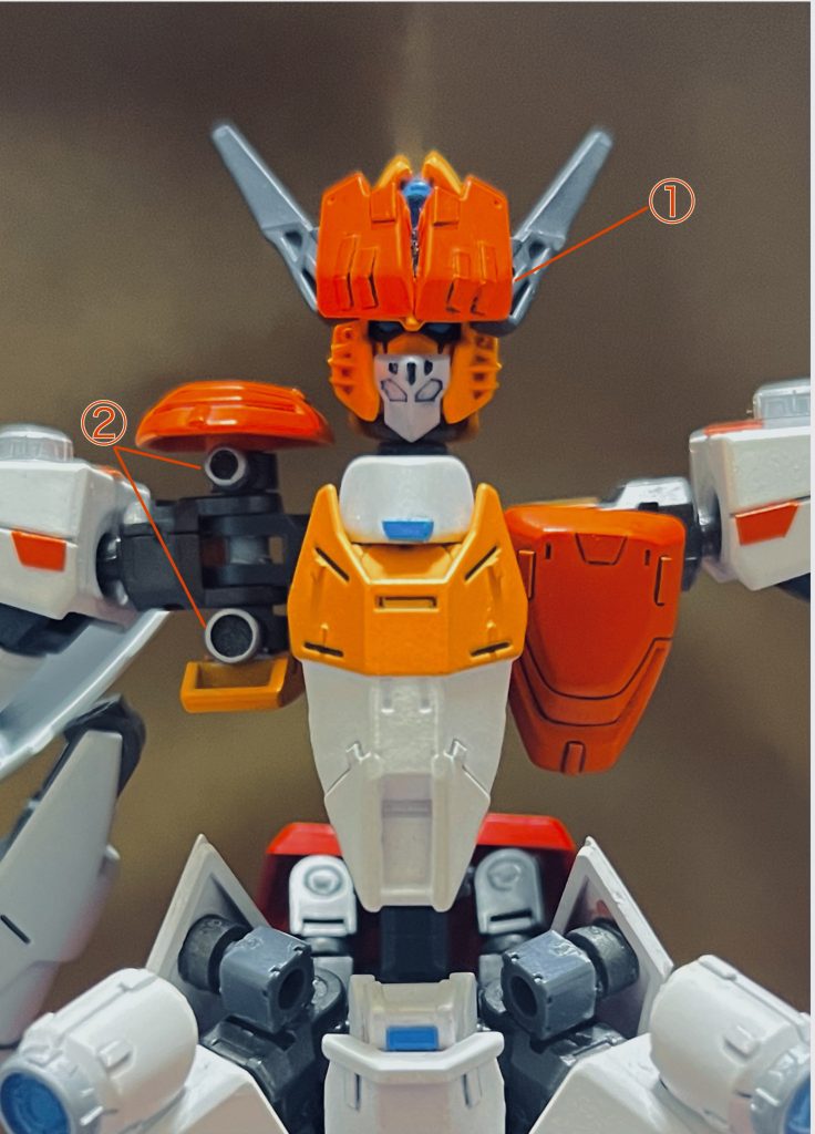 ・武装一覧①クロムバスター頭部のオレンジ色のクリスタルから発射する高出力熱線兵器。②キャノンパーティ胸部に内臓されているキャノン砲。使用時には胸部の装甲から展開されます。大型1門、小型1門の2門の1セットで胸部の左右に一基ずつ、計4門配置されています。ナパームパレードと一緒に使われることが多いです。