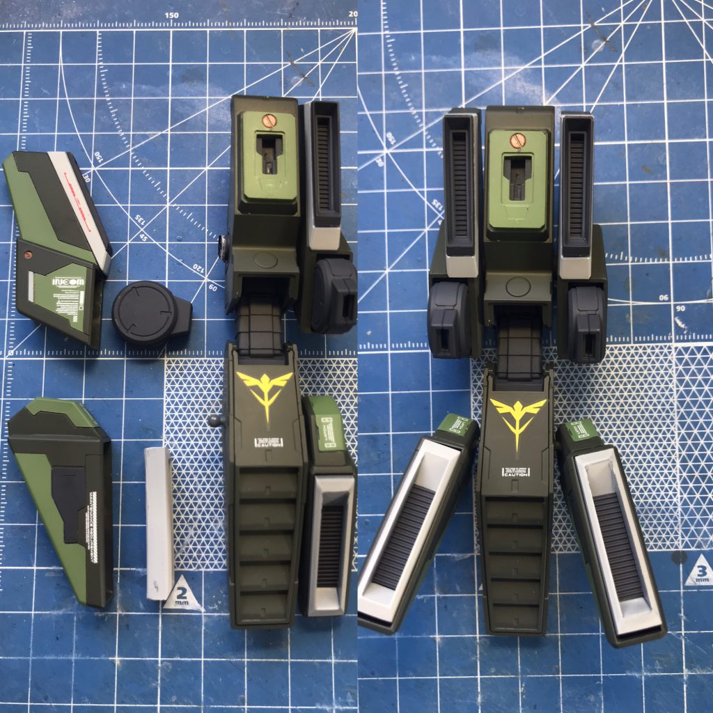 背面もガラリと変えていて、インコムユニットのスクラッチ、テールスタビ横のスラスターもスクラッチしています。また、テールスタビは上下を逆にして、よりディティールが見えるようにしています。