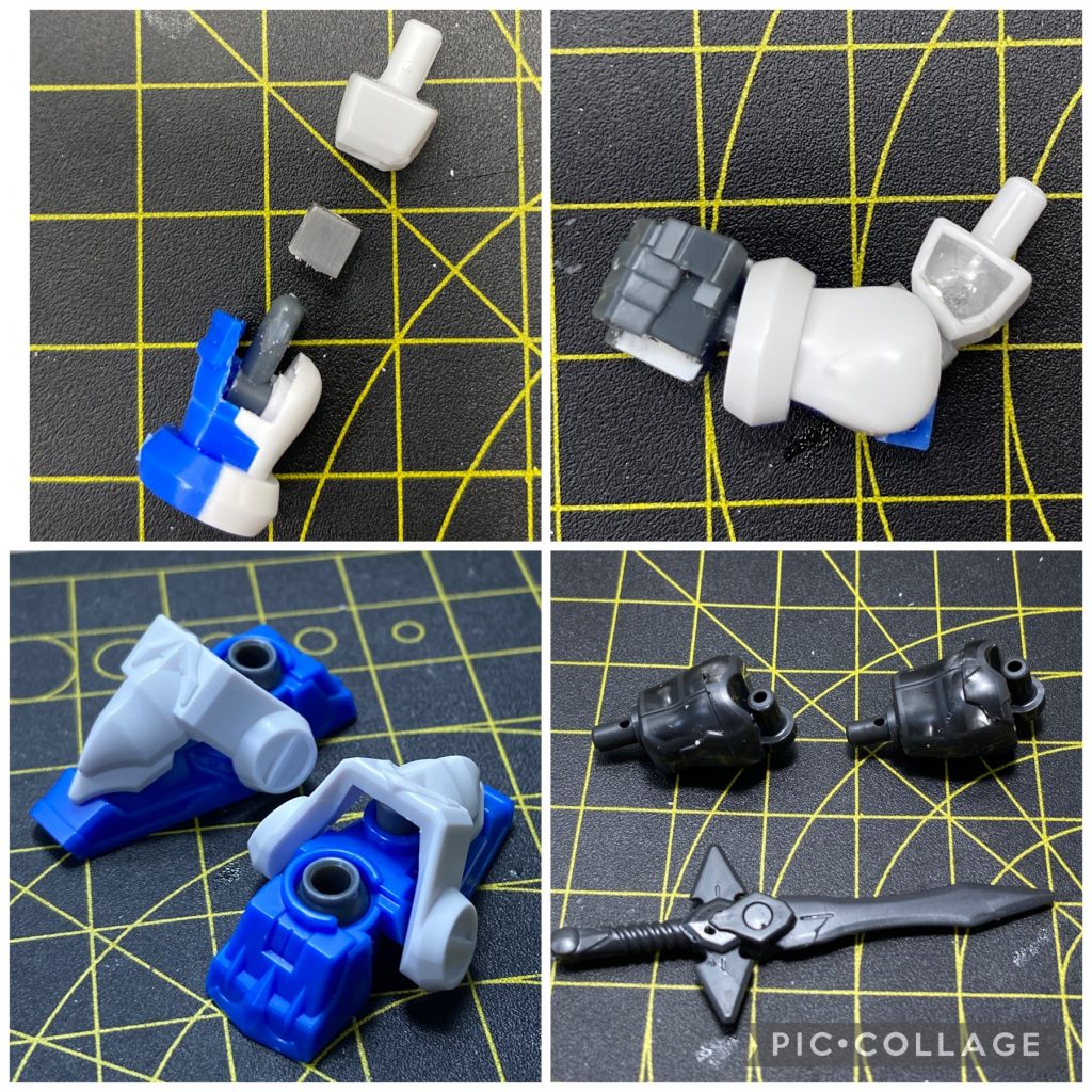 制作途中肉抜きはおゆまるレジンとプラ板で埋めました。足は角ばっているのでアンクルガードの向きを変えて丸みのある足の甲にしました。