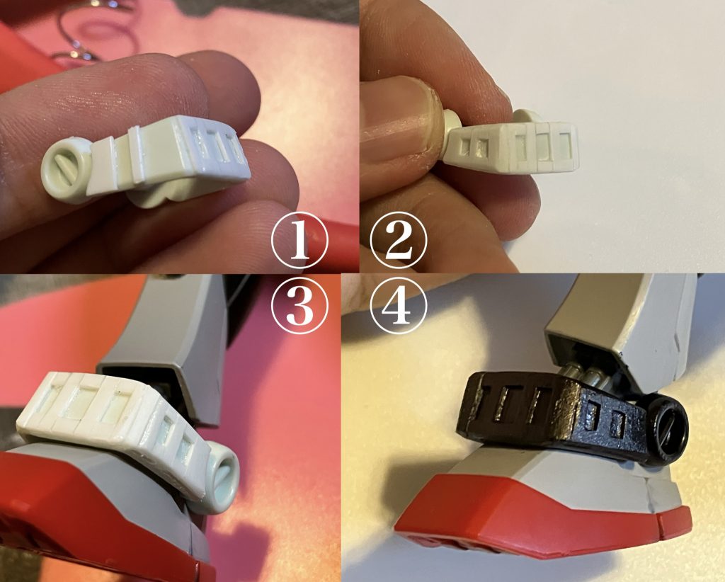 ですのでアンクルガードのスリットは彫って作るのではなくて周りを盛って作る方針に決めました。遠回りこそが最短の道のりだった……画像の様に細かく切ったプラ板をちまちまと貼り付けて紙ヤスリで調整、手っ取り早くガンダムマーカーエアブラシを使いブラックに塗装、更にスリットの部分をグレーで上塗りしました。明鏡止水に到達するレベルで過酷な作業でした…