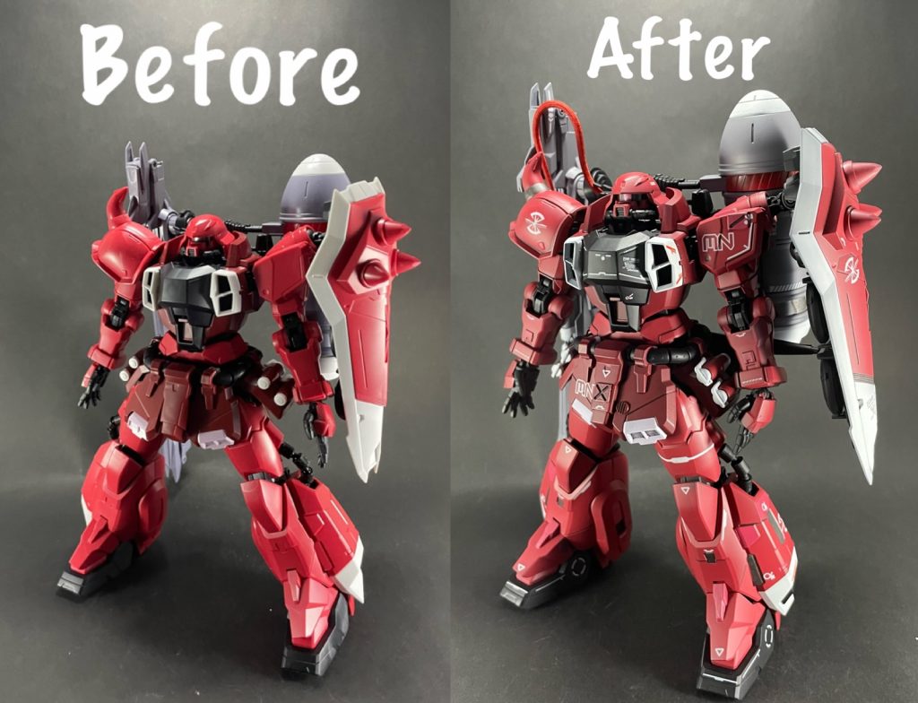 素組みとのビフォーアフター！成形色と同じ色で塗装していますが、質感はかなり変わったと思います☺️