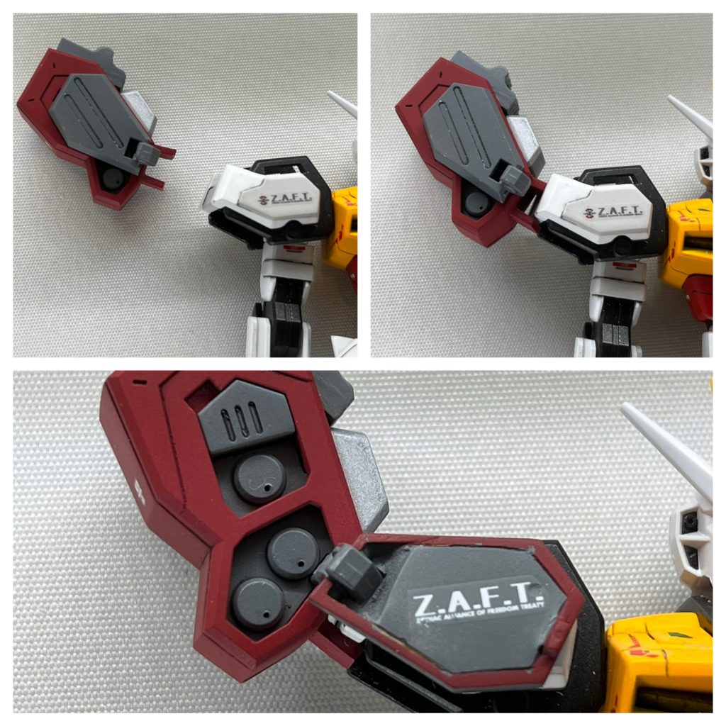 肩アーマーのカバーと本体の肩に入れたネオジウム磁石で付けてます。