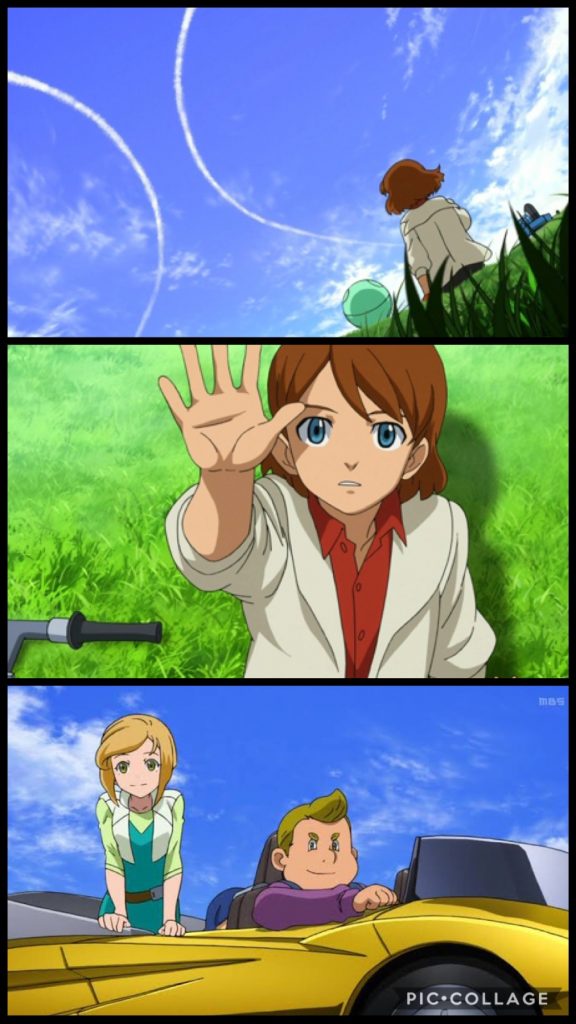 レブルス「HEYキオ!そんな所で何してんだよ!」ウェンディ「今からバーベキューするのよ!一緒に行きましょうよ。」キオ「え?うん...いいよ。」ウェンディ「じゃ乗って、キオ。」キオ「うん...。ところでさ、レブルス。」レブルス「おう、なんだ?」キオ「この車、どうしたの?」レブルス「どうしたのって、俺の車だぜ。」キオ「俺の....って、ボクたち今、13歳だよ?」レブルス「なんだよ、知らねえのかキオ、アメリカじゃあ13歳から車を運転していいんだぜ。」キオ「ここはアメリカじゃないし、アメリカでもそんな事無いよ。」レブルス「アメリカは自由の国なんだぜ。だから中学生になったらクルマに乗れるんだ。コレが自由の国アメリカだぜ。」キオ「....ちょっと降ろしてくれないかな?」レブルス「おいキオ!走り出しちまった青春はもう止まれないんだぜ!ぬーすんだクルマではーしりだす♫」キオ「うわー!やっぱり!レブルスのクルマじゃない!!」レブルス「青春は道連れなんだぜ!それがアメリカ!スタンドバイミー!」キオ「うわあ!アメリカの人達に謝れー!!」ウェンディ「ねえ!アレ!!アレは何!?何か飛んでくる!」レブルス「HAHAHAっ、慌てるなって。アレはUFOだぜ、ロズウェルから飛んできたんだろうよ、なんてったって、ココはアメリカだからな。」キオ「ココはコロニー、“オリバーノーツ”だよ!」ウェンディ「あー!コッチに来るわ!」レブルス「何い!?それじゃあアレは俺を追ってきたポリ公かよ!?」ロジー「きゃー!!撃ってきた!!」レブルス「アメリカのポリ公はすぐに撃ってきやがる!こんちくしょうが!」キオ「アレはUFOでもポリ公でもないよ!ヴェイガンだ!」どーん!!ウェンディ「きゃーー!!」レブルス「うわー!!アンビリーバボー!宇宙人の地球侵略が始まったのかよお!?」キオ「違う!じいちゃんの言ってたヴェイガンが攻めてきたんだ!」フリット「キオ!そこに居たか!」キオ「おじいちゃん!?」レブルス「おお!?アレがキオのグランドダディかよ!?」フリット「キオ!ヴァイガンじゃ!ヴェイガンが現れたのじゃ!このコアファイターに乗れ!」キオ「じいちゃん!ボクそんなの動かせないよ!」フリット「大丈夫じゃ!コッチに来い!」レブルス「行って来いよ、キオ!行って俺達の自由と青春を取り返してくれ!」キオ「デブルス...!」レブルス「頼んだぜキオ!グッドラック!」キオ「わかったよ、ボク行くよ!行こう、じいちゃん!」フリット「おお、行くぞ!」レブルス「グッドラック!キオ!!あと俺の名前、間違えてるぜベイビー!」ウェンディ「あのー、私、3部のヒロインなんだけど影が薄すぎない?」