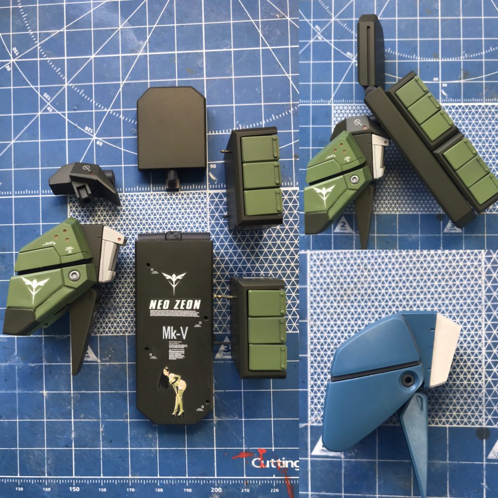 肩アーマーはプラ板で大型化とエッジのたったものにディティールアップしました。また、肩のシールドはプラ板でスクラッチしており、プラパイプとポリキャップでギラ・ドーガのシールドのように稼働するようにしています。肩アーマーへの取り付けはキットのミサイルポッドの取り付け部を使い、形はプラ板でスクラッチしました。ミサイルポッドはキットののものを流用し、真鍮線でシールドに接続し、取り外し出来るようにしました。