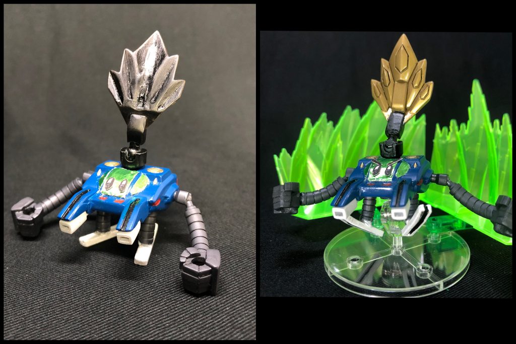 [光亜乱太](コアらんた)閃光丸が作った自我を持つ小さなからくり武者。動力は閃光丸の闘気で、背中にくっついて充填する仕組み。光の闘気を蓄積する役割も兼ねている。戦闘時には、どこからともなく暁光の鎧を持ってきてくれる。また、閃光丸と同じく怒紋活主流拳法を習得しており、小さいながらも戦闘力は高い。(スーパーモード的なパワーアップも可能。)後に父•爆流が作った鉄機武者(鋼丸や爆進丸)の完成に一役買う事となるらしいのだが、それはまた別のお話。天地頑駄無に光亜兵衛(コアべえ)というお供がいますが、私この子大好きなんですよ！この光亜兵衛みたいに、コアランダーも分離して戦えれば面白いのでは？という思いつきによって生まれたキャラクターなのでした( ´∀｀)カワイイ。地味ですが、光亜乱太も同じ仕様で目線が変えられるようになっています。