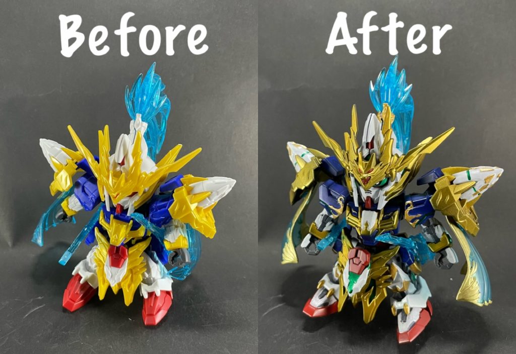 趙雲ダブルオーガンダムのビフォーアフター!黒立ち上げ塗装をしたこたとで重厚感が出ているかなと思います😄