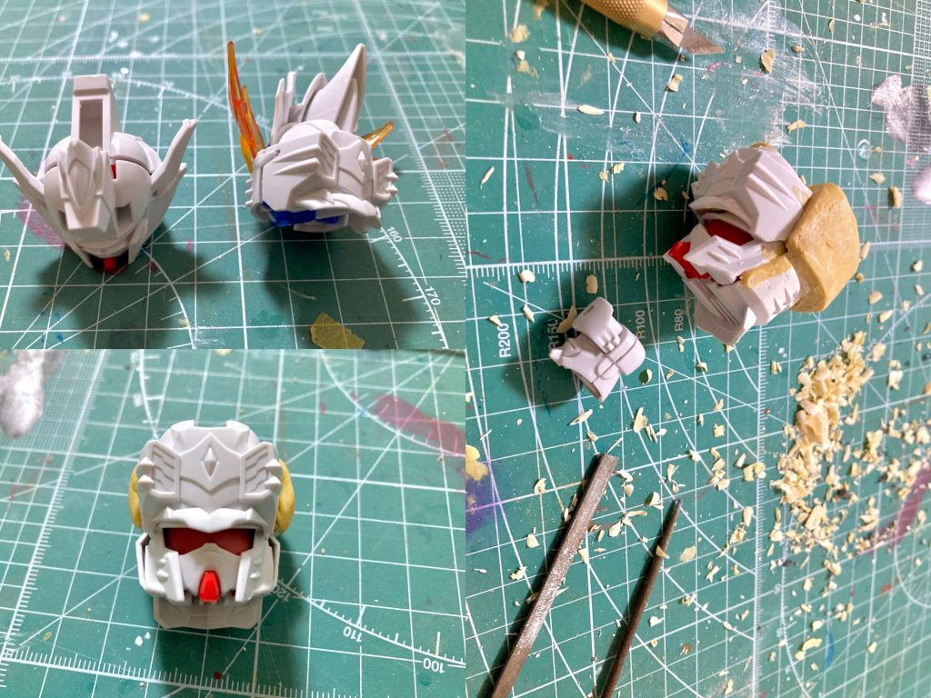 頭部は顔面の形状が最も近いと思えた諸葛亮フリーダムを基に、特徴的なコサック帽の意匠を再現出来るようエポパテを盛って削って磨いて整形しました。正面の帽子は太史慈デュエルの後頭部を利用しています。