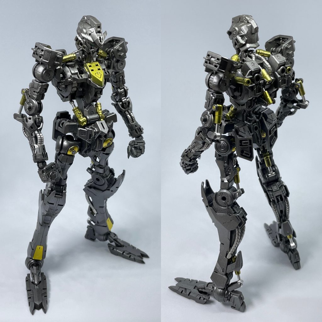 バルバトスの本体とも言えるガンダムフレームです。フレームのほとんどをガンメタで、金パーツはメタリック塗装、動力パイプはシルバーで部分塗装し、全体を光沢クリアでコートしました。