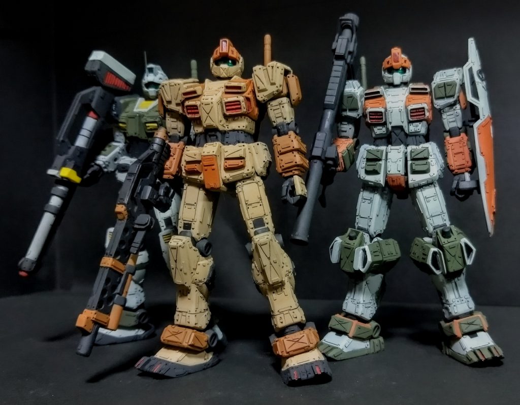 RGM79F陸戦用ジム、RGM79Dデザートジム、RGM79FD装備強化型ジムの同時期の兄弟機が揃いました😊