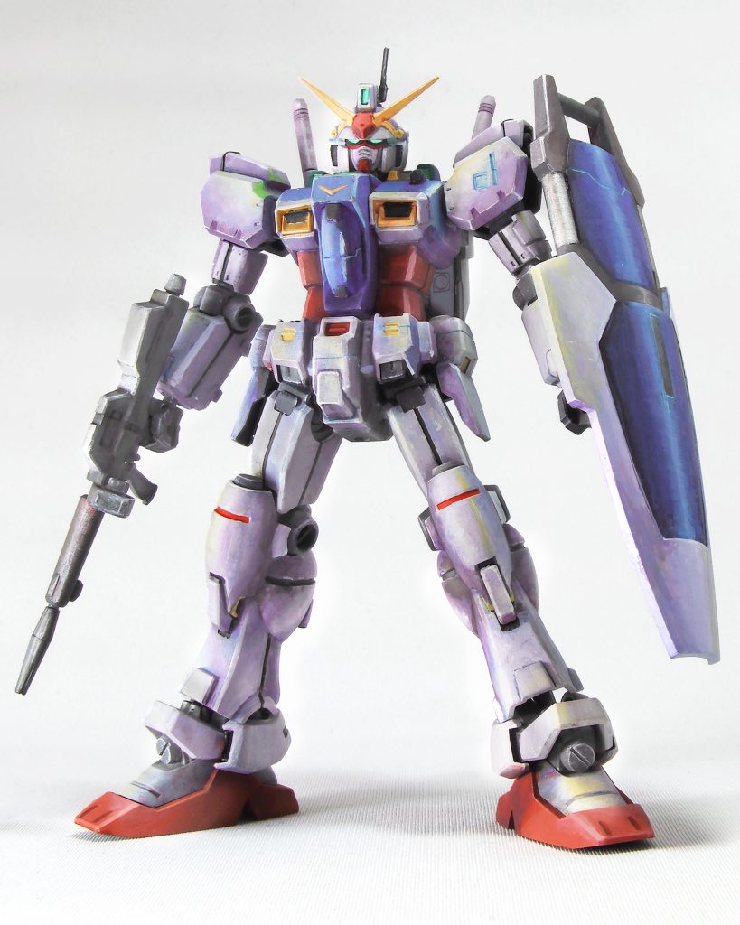 カトキハジメ氏の画集を元にムラサキがかったカラーリングで塗装しました無改造ですが下からアオリ気味で撮影したおかげで脚が長く写ってます白バック撮影が難しく、照明やカメラ設定を調整しながら何度も撮影しなおしました