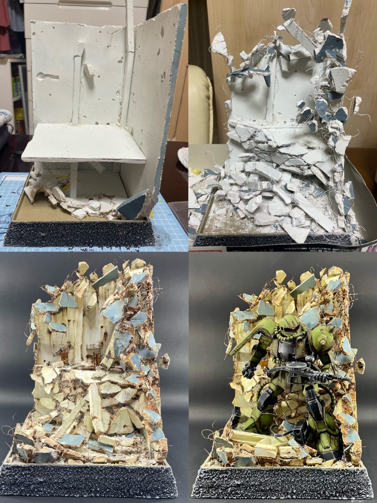 廃墟は石膏とエナメル線で作っています。エナメル線入りの石膏の板を作り、組み立てて、基本塗装し、壊して、ウェザリングしました。基本塗装はラッカーをエアブラシ塗装、ウェザリングはファレホと油彩を筆塗り塗装しています。