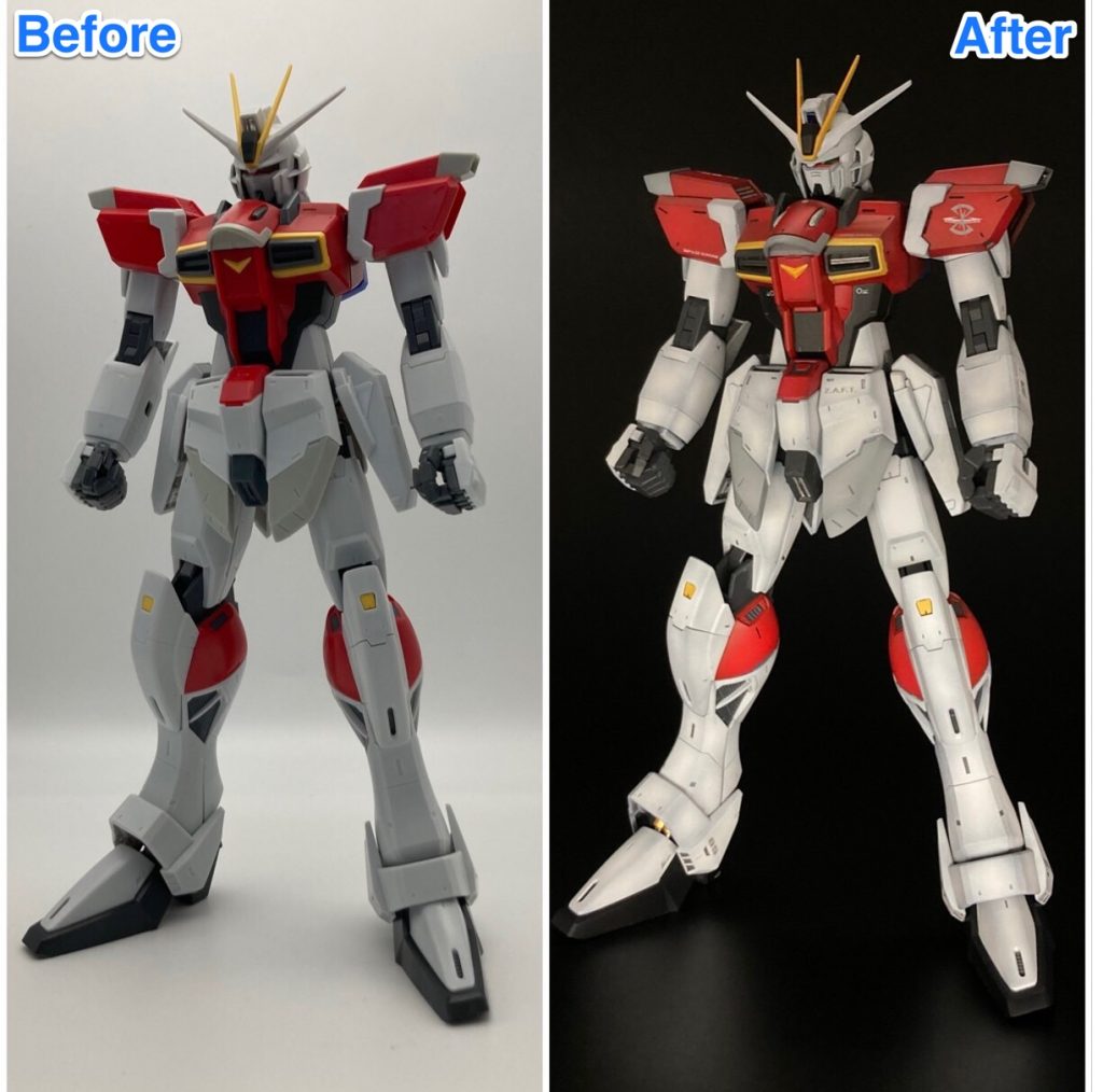 はじめに仮組みと完成後のビフォーアフターです!黒立ち上げ塗装は、パーツの面に当たる部分を中心に塗装し、エッジ部分は薄く塗装するように意識しました。