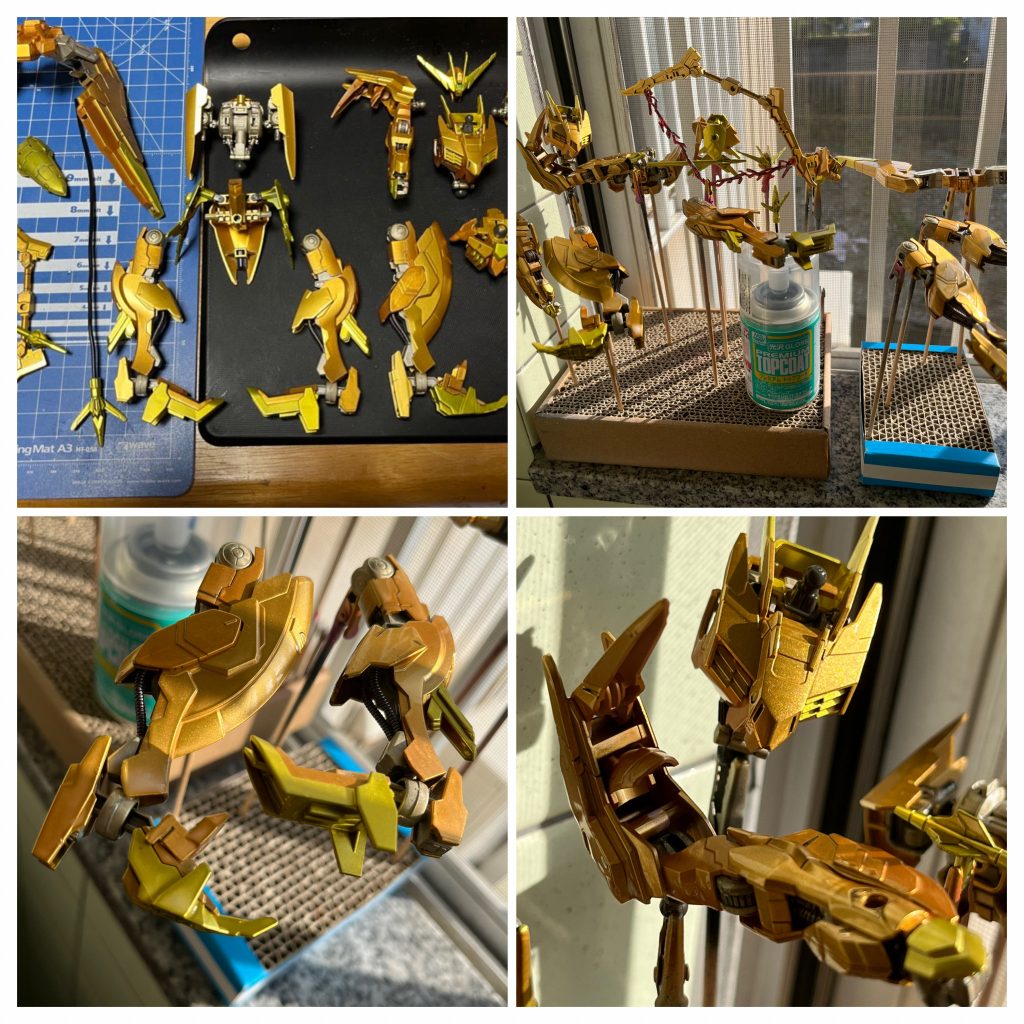 色さえ塗れればこっちのもんよ！ってな感じでばりばり組み上げましたが、武装は控えめなのに物量がすごい…(*´꒳`*)組み上げ時にスミ入れ、ガンメタでシリンダーやチューブを塗ってます。最後は更なる輝きを求め光沢トップコートで仕上げ！正直もうちょっとテカテカになると思ってましたがまあヨシ！