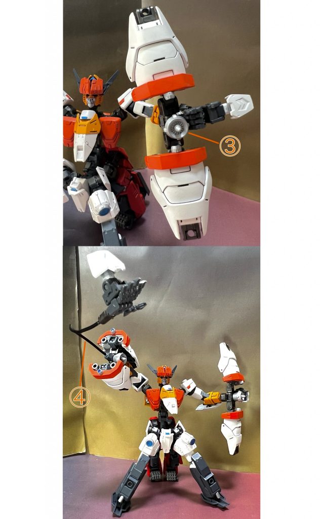 ③ウォール・パイル両腕にある装甲を展開して防御する特殊兵器。小型化されたGNドライブからGNフィールドを展開して攻撃を防ぐことが可能となっています。④ジェットナックル(ワイヤー部品取り付け)両腕の拳を発射する打撃武器。ジェット部分にワイヤーがついており、ハンマーのように振り回すことが可能です。またワイヤー部分には耐ビームコーティングが施してあり、レイダーガンダムのミョルミルのように高速で振り回して、敵の攻撃を防御をすることが可能で攻防一体の兵装となっています。