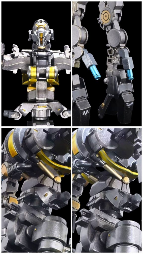 上段左:腰部延長。右:脚部脹脛バーニア可動。下段左右:胸部シリンダー可動。