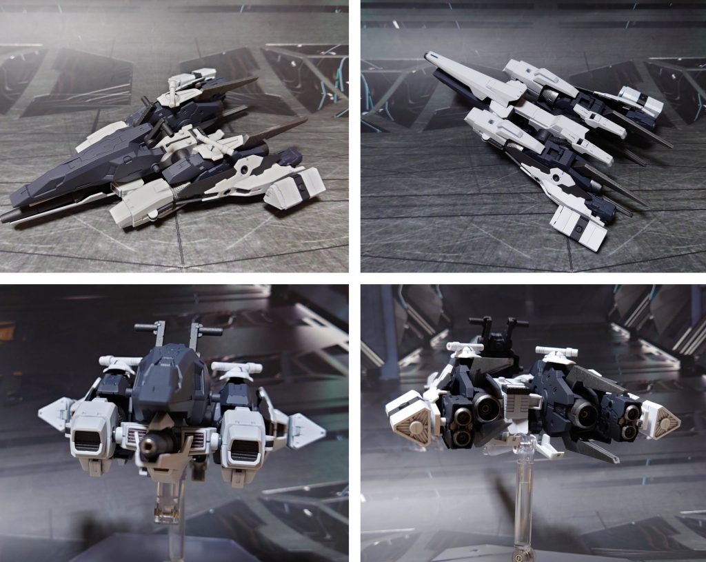 ギガライドブースター、上から・下から・前から・後ろから。武器は機首下のメガ粒子砲、ブースター上部のビームサーベル(取り外して手持ち可能)、側面のミサイルポッド。■塗装工程本体グレー:黒サフ→ファントムグレー→つや消しフレーム等黒:黒サフ→MSグレー連邦系→つや消し銀:黒サフ→シャインシルバー→つや消しミサイルポッドグレー:フレーム等黒と同じミサイルポッド白:黒サフ→シルバーリーフ→MSホワイト→つや消しミサイル弾頭:グレーサフ→ダルレッド→つや消しその他部分塗装、墨入れ:ガンダムマーカー各種→つや消しビームサーベル刃:根本にMSホワイト→先端にメタリックレッド→蛍光ピンク