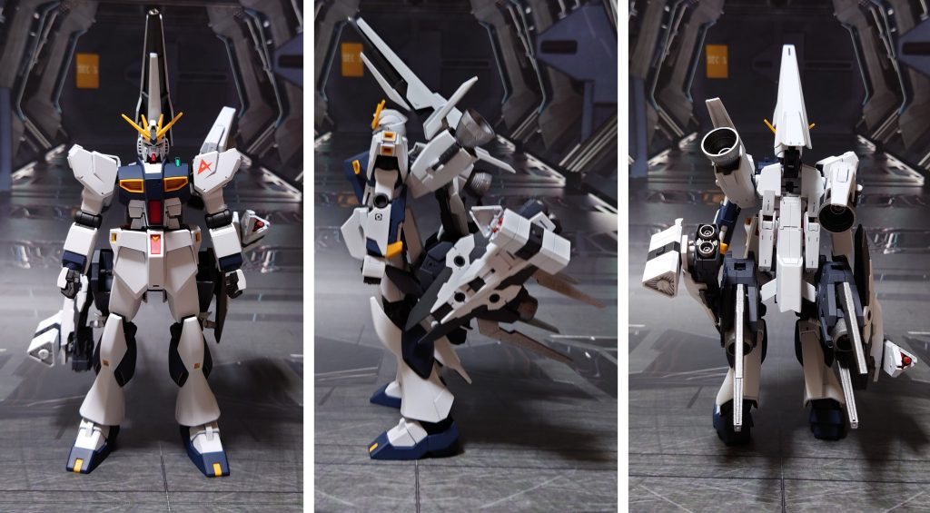 ※2022/09/05 画像差し換え合体状態の前横後ろ。肩の後ろに来るブースターは、回転と多少の開閉が可能。下側のブースターとシールド部分、ビームサーベルラック、ミサイルポッドはそれぞれ回転して位置・角度の調整可能となっています。