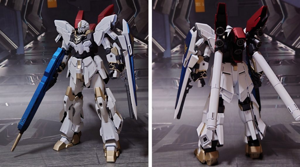 シナンジュ・スタイン・コンクエスト前後ろ。カラーモチーフはランスロット・コンクエスタ…のつもりでしたが、適当にアレンジしています。■塗装レシピ白:黒サフ→白サフ→ベースホワイト→つや消し金:黒サフ→ダークブルー→メタルゴールド→つや消し胸部黒:黒サフ→ダークブルー→つや消し関節等濃グレー:黒サフ→MSグレー連邦系→つや消しエングレービング部分:ガンダムマーカー ホワイトゴールド→つや消し赤:黒サフ→シャインシルバー→クリアレッド→つや消し青:黒サフ→シャインシルバー→クリアブルー→つや消しスラスター類:黒サフ→ガンメタル→つや消しプロペラントタンク:黒サフ→ロイヤルライトグレー→ベースホワイト→つや消しポリキャップ:PPプライマー→黒サフ→MSグレー連邦系→つや消しその他部分塗装、墨入れ:ガンダムマーカー各種(トップコート前に実施)