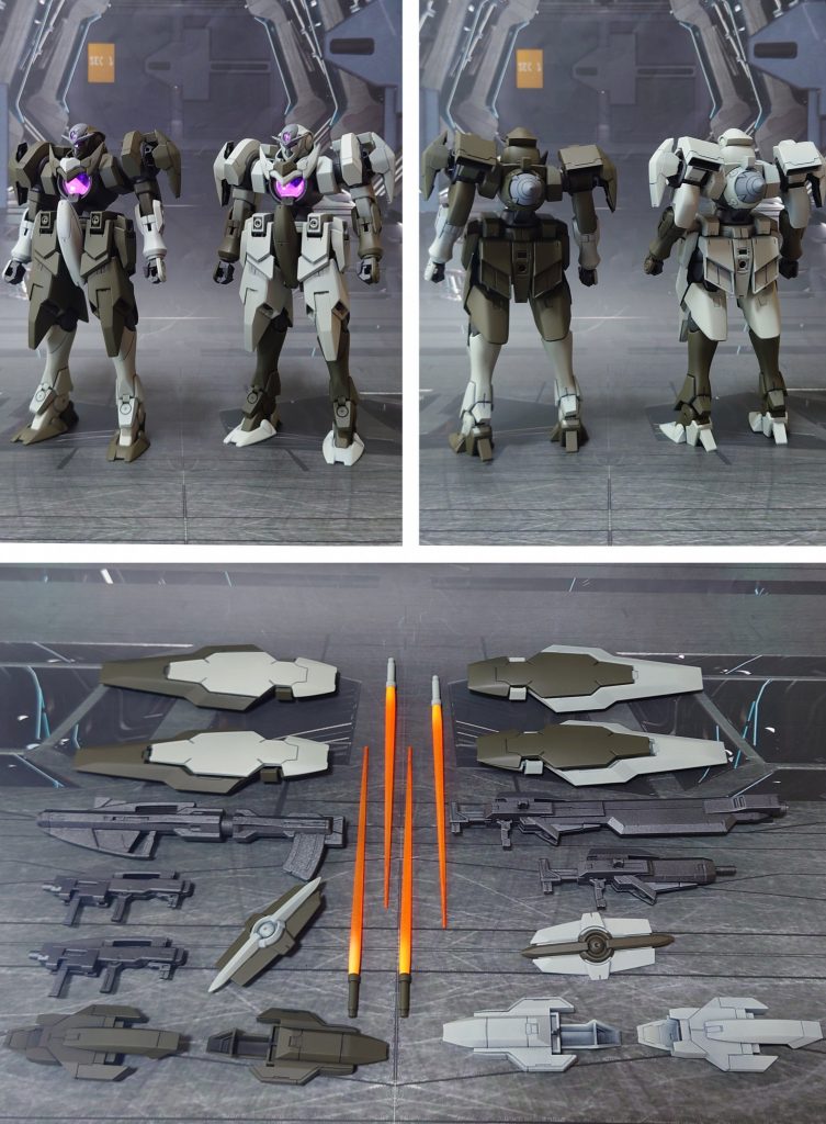 2体の比較と装備一式。余剰のビームライフルとシールドも組み立て・塗装実施、NGNバズーカをジャンクから一本用意しました。■塗装工程緑:黒サフ→オリーブドラブ→つや消し白:黒サフ→ガルグレー→つや消しグレー:黒サフ→ニュートラルグレー→つや消し関節等濃グレー:黒サフ→MS連邦グレー→つや消し額センサー、胸部疑似GNドライヴ:トップコート後に付属シール、市販のシール素材貼り付けGNビームライフル各種:黒サフ→ブライトガンメタル→つや消しGNビームサーベル刃:根本側にMSホワイト→先端側にメタリックオレンジ→全体に蛍光オレンジその他部分塗装、墨入れ:ガンダムマーカー各種→つや消し