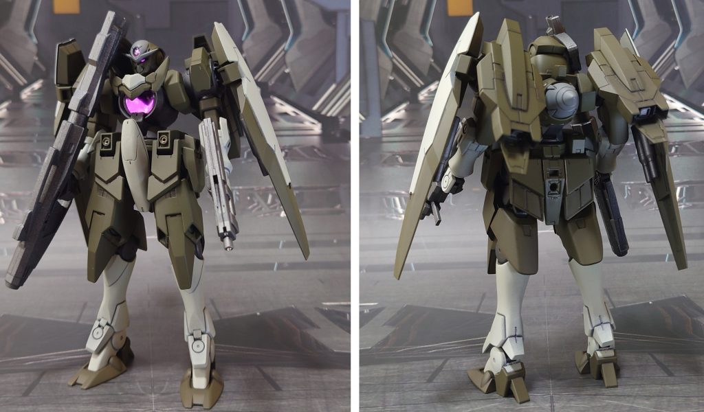 前衛タイプの前後ろ。NGNバズーカ、初代GN-Xのショートビームライフル、大型シールドに増槽タンク。