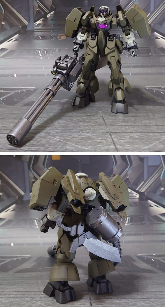 重装備で前後ろ。■塗装工程緑:黒サフ→オリーブドラブ→つや消し白:黒サフ→ガルグレー→つや消し関節等濃グレー:黒サフ→MS連邦グレー→つや消し額バイザー、足首ソール部等黒:黒サフ→メタリックブラック→つや消しセンサー類各種、胸部疑似GNドライヴ:トップコート後に付属シール、市販のシール素材貼り付けGNオーガソード刃(未使用時):黒サフ→シャインシルバー→つや消しGNオーガソード刃(発熱時):シャインシルバー→蛍光オレンジジャイアントガトリング1:黒サフ→ガンメタル→つや消しジャイアントガトリング2:黒サフ→ブライトガンメタル→つや消しGNサブマシンガンセンサー:黒サフ→シルバーリーフ→メタリックパープル→光沢その他武器類:黒サフ→ブライトガンメタル→つや消しビームサーベル刃エフェクト:根元側にMSホワイト→先端側にメタリックレッド→全体に蛍光レッドビームスパイクエフェクト:メタリックレッド→蛍光レッドその他部分塗装、墨入れ:ガンダムマーカー各種→つや消し