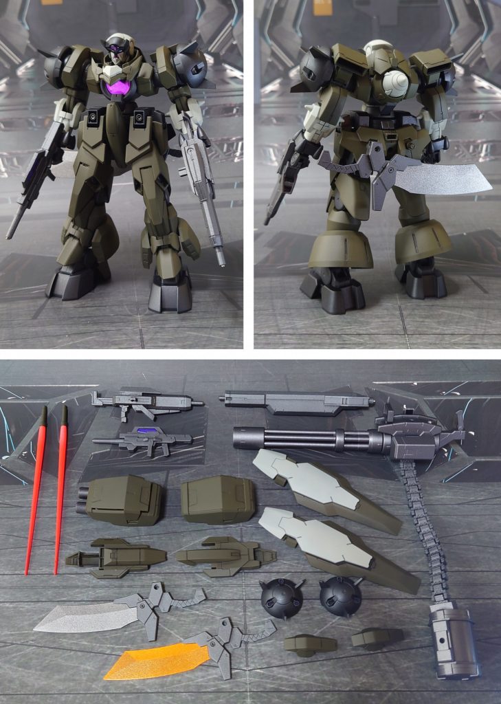 軽装で前後ろ。武器はHGBCジャイアントガトリングに他社パーツのベルトリンクを追加したものを使用。他、HG 00関係から流用しています。