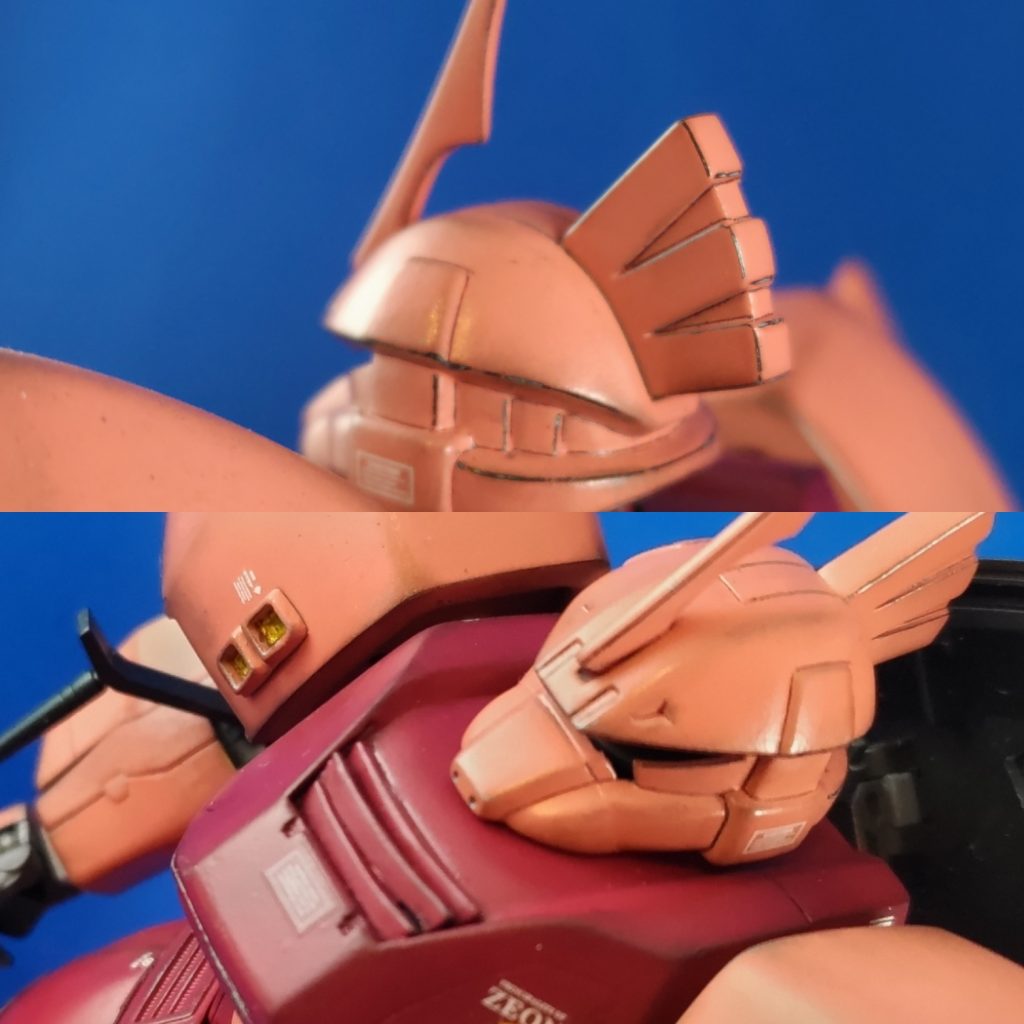 頭部後ろ:2段彫りして放熱フィン風に。胸部:Ver1,0はヌメっとしてたのでプラ板で土手を作り放熱フィンを追加しました。