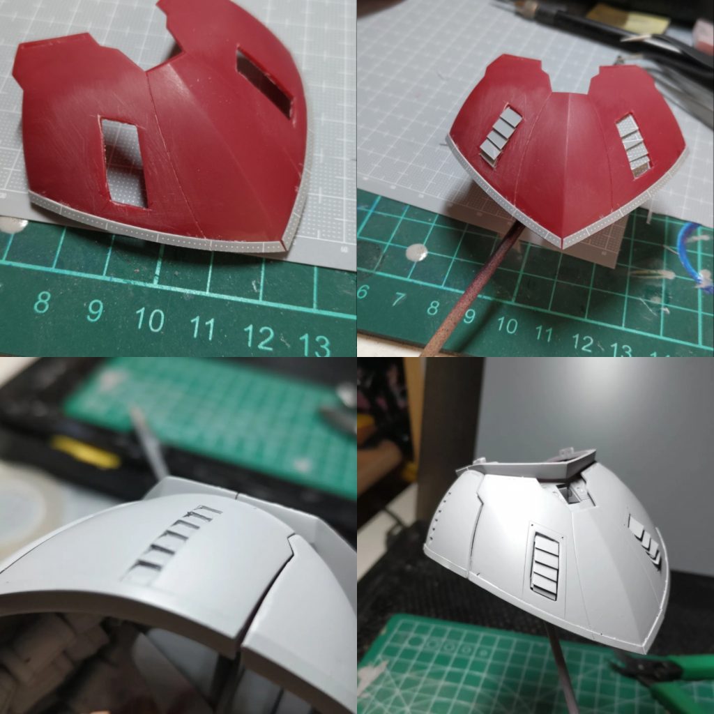 腰部:サイド手彫り。後ろ穴開けしてフィンを追加。プラ板でモールド追加。