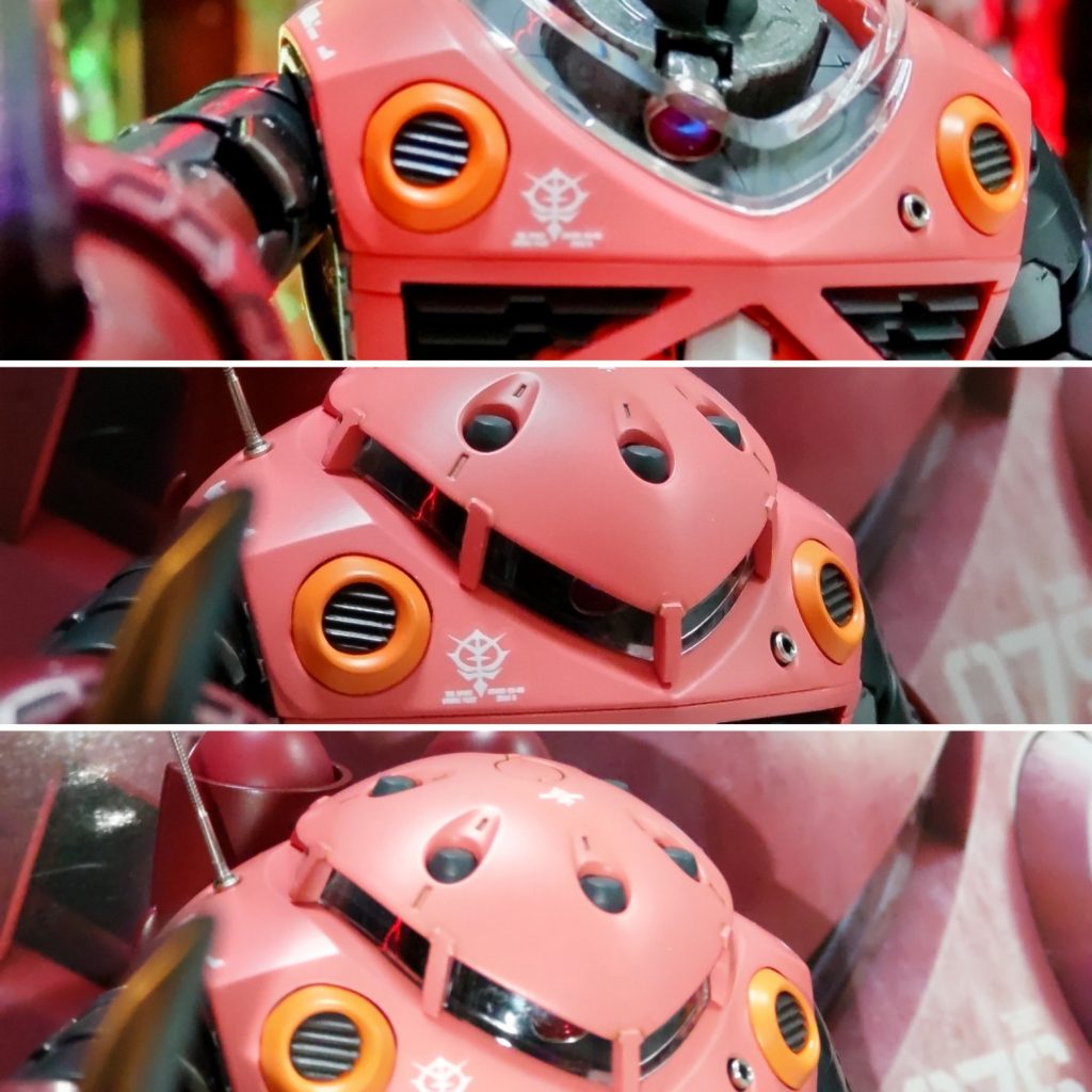 モノアイシールド付けたら、モノアイ目立たなくなっちゃいました。モノアイはSPプレートとVCドーム4㎜に交換してます。真ん中が普通に撮影したもの。下が少しライト当ててモノアイ見えるようにしたもの。