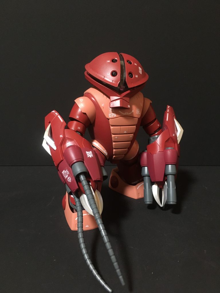 正面右側当初はズゴックの配色に近い形で塗装したのですが、いまいちしっくりこず、アッガイの２色配色をアズキ色とシャアピンクに変更した配色としました。