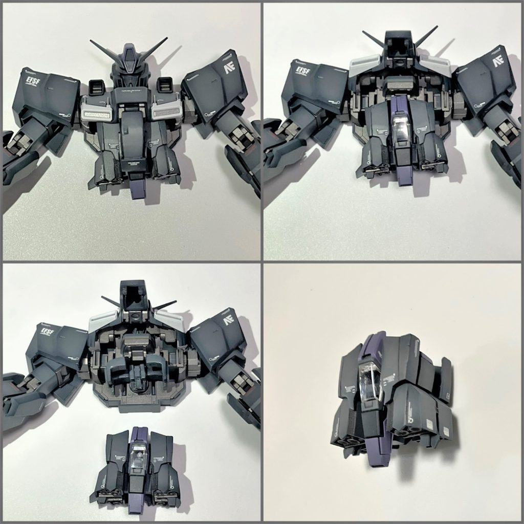 合体機構も見直してます。Ver.Ka方式のコアブロックに新設定カバーを被せる機構も良いですが、こちらの機構の方が設定に近いです。コアブロックでは吸気ブロック？のカバーが前後にスライドして、厚さを増しながらスペースを作り、その中にエンジン部？を格納しています。ここの機構はお気に入りです。なかなか良いアイデアかなっと。