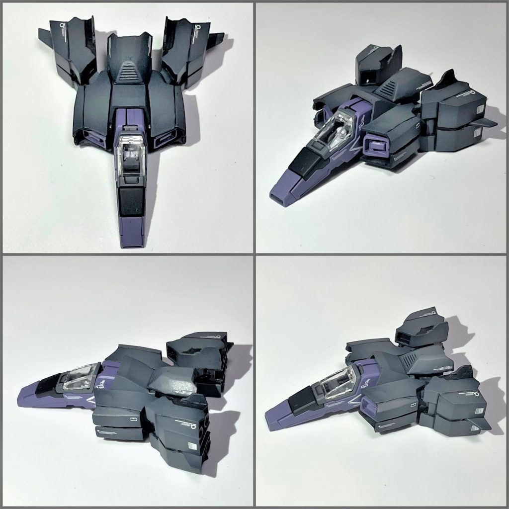 コアファイター。これもコアブロックに変形しますよー。下の写真と見比べていただきたいのですが、新解釈の変形機構で、コアファイター形態とコアブロック形態のデザインを両立させてます。