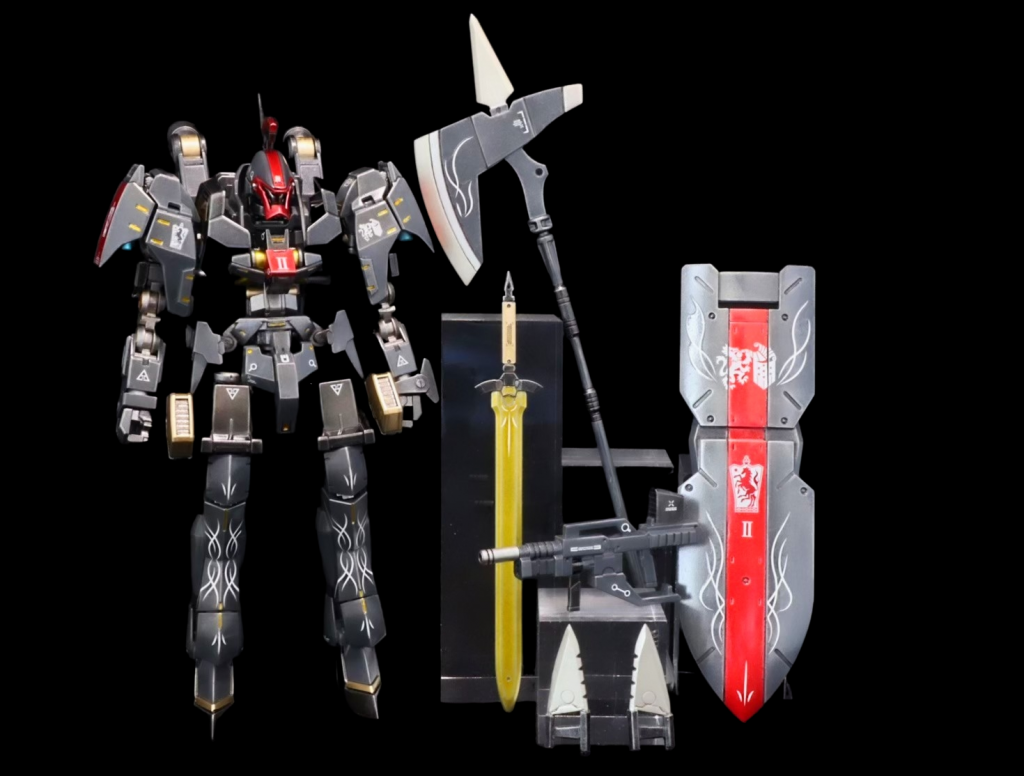 スタティックディスプレイ武装はグレイズラージシールド、ハルバードアックス、ナイトブレード、グレイズライフルカスタム、ジャマダハルx2です。