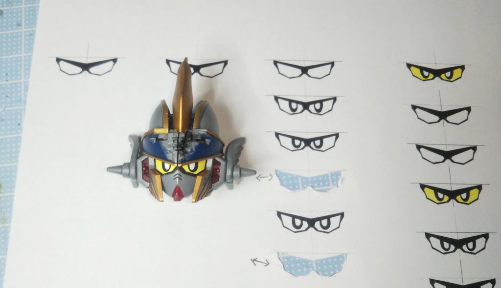 コンビニコピー機して水彩マーカーで着色して両面テープで貼り付けて現物合わせ。サイズもコピー機で数％刻みでいくつか用意しました。ひさしの角度が急なので印象が結構変わります。