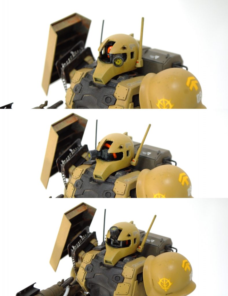 モノアイが全く非稼働なのはザクの魅力を損なうと思ったので、左右上下に稼働可能にしました