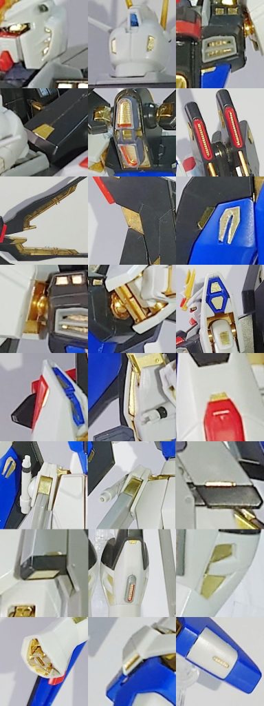 金色化箇所頭部前後のダクト内部、胸部及び肩部ダクト内部、腹部の凹モールド、バックパック上部の凹モールド、メインスラスター内部及び周辺、ウイング横のダクト内部、ドラグーン接続部、ウイング可動部、ドラグーンダクト、ウイングのドラグーンのすぐ横のに来る凹モールド、肩アーマー接続部BJ及び周辺、肩アーマー内部、肩アーマースラスター内部、上腕の凹モールド(PGに準拠)、肩アーマーレッド部横の凹モールド、ビームシールド発生装置裏側、ビームシールド発生装置レッド部上部に来る凹モールド、レール砲可動部(前後とも)、レール砲後部の凹モールド及びダクト内部、膝ブラック部分下の凹モールド、膝ダクト内部、ふくらはぎ横側ダクト、足首関節接続部周辺、アンクルアーマーダクト内部、つま先ダクト内部。