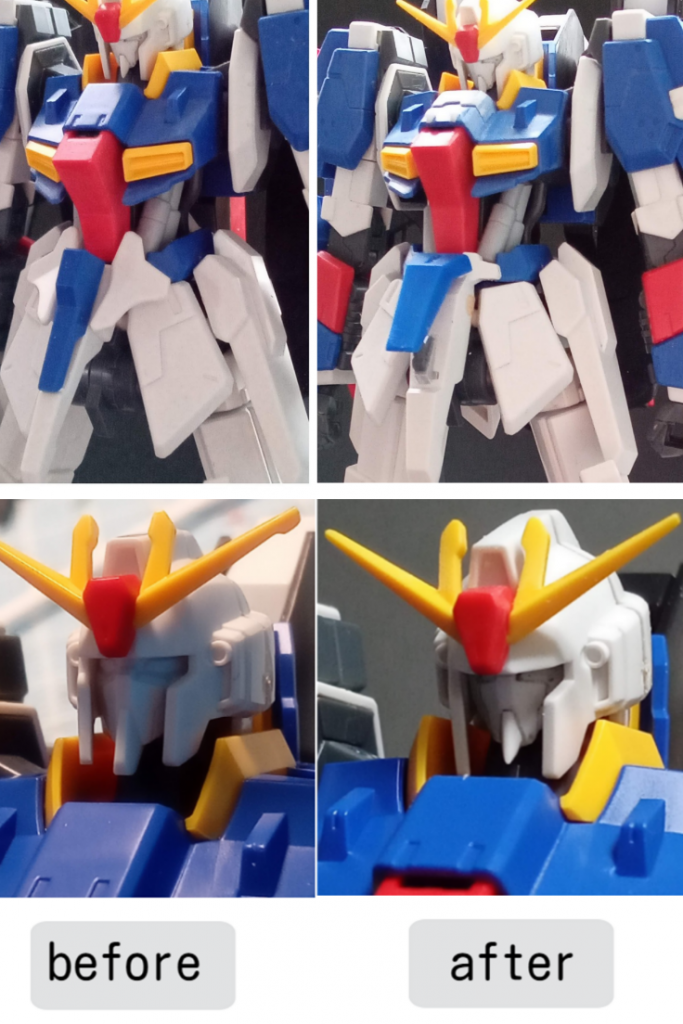 改修ポイント。股間アーマーをHGリバイブのZの余剰パーツとウェイブライダー時用のランディングギアを使用して、元ネタのZのようにしました。胸部ハッチ上もプラバンで同様に。顔ものぺっとしすぎているので、削ってシャープに。