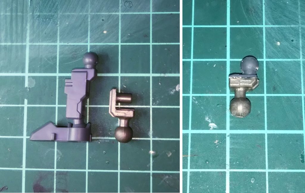 ショックガンダム系の股関節はクロスシルエットのＳＤフレームと同寸なので、ＨＧνの関節を貼り合わせてクランク状の関節を作りました。補強で真鍮線を打ってます。これで八の字とかいろんな方向にスタンスが取れます。