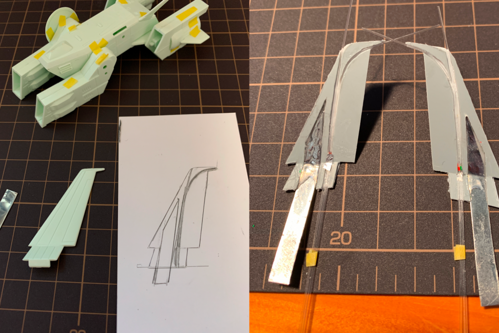 実は、あまり制作工程の写真は撮っていませんでした、というか、すぐに忘れてしまって...。左の図は、オリジナルの形状を型取ったもので、光ファイバーをどう配線するかを構想した設計図です。しかし、後で思えば、何も光ファイバーを無理に後ろ向きにする必要はなかったです。右の写真のパーツは、設計図通りに作ったのですが、実はボツになりました。主翼には角度が付いているので、その部分で光ファイバーは分断されて減光してしまいます。胴体からの光の量を増やすことで対応しようとしましたが、結局、端部まで光が届かないことが判り、作り直しました。作り直したパーツでは、航空灯と衝突防止灯とで光ファイバーを独立させ、衝突防止灯は点滅させるようにしました。。なお、ステンレス板で補強してあります。