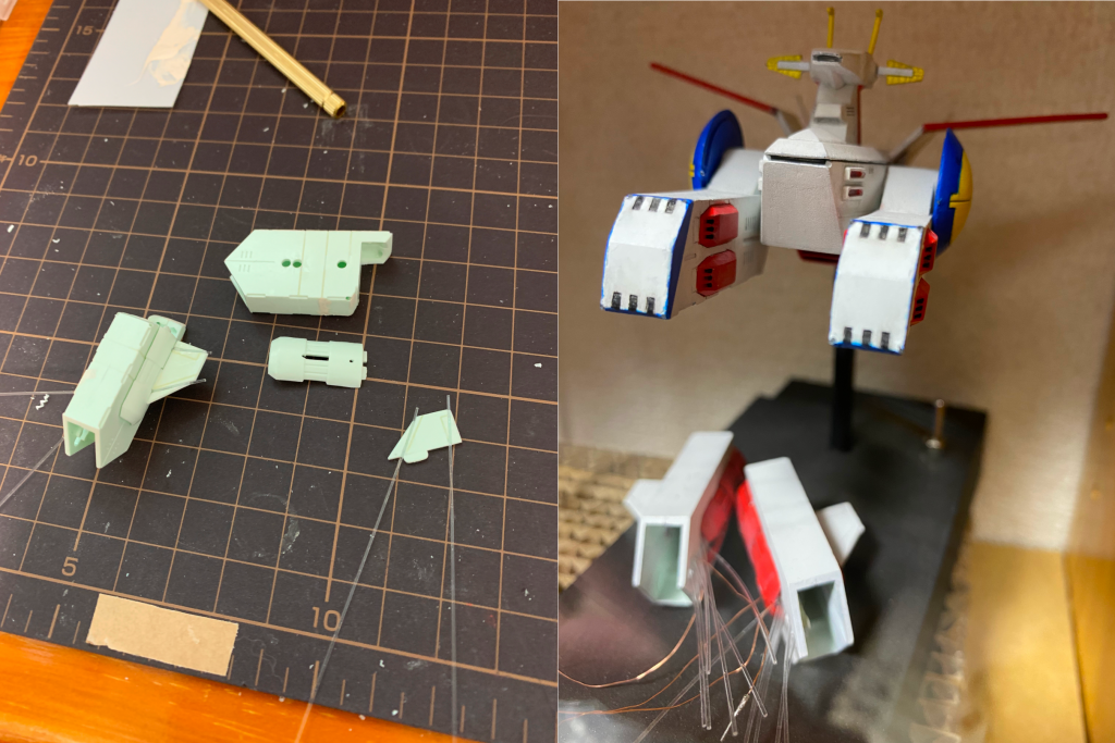 水平尾翼は、オリジナルのパーツに溝を掘って光ファイバーを通しています。エンジンには、それ以外に８ヶ所に光ファイバーを通したので、合計10本の光ファイバーとノズルのチップLEDに電源を供給する銅線が、接合部を通って本体につながっています。