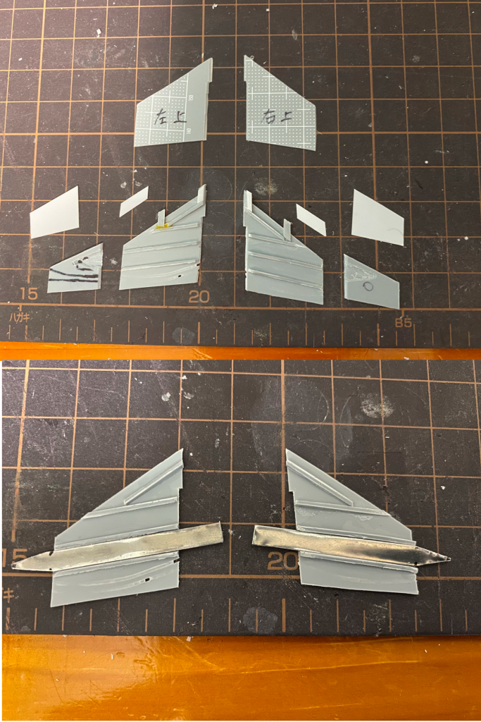 翼は光ファイバーを通す必要もあり、すべて自作しました。写真は主翼で、補強するためにステンレス板を挟んでいます。