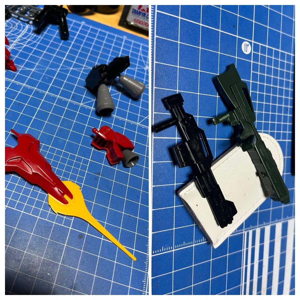 実はここまで下半身以外は配色も含めてノープランwシールド+サーベルは標準ギミックですが、武器両手持ちに丁度良いので、あとは肩のスペースとファンネルポッドのブランク穴にバーニア増設しました。薄っぺらいライフルがアレだったので、ジャンクのよくわからんライフルの持ち手をカットして持たせてます(*´꒳`*)