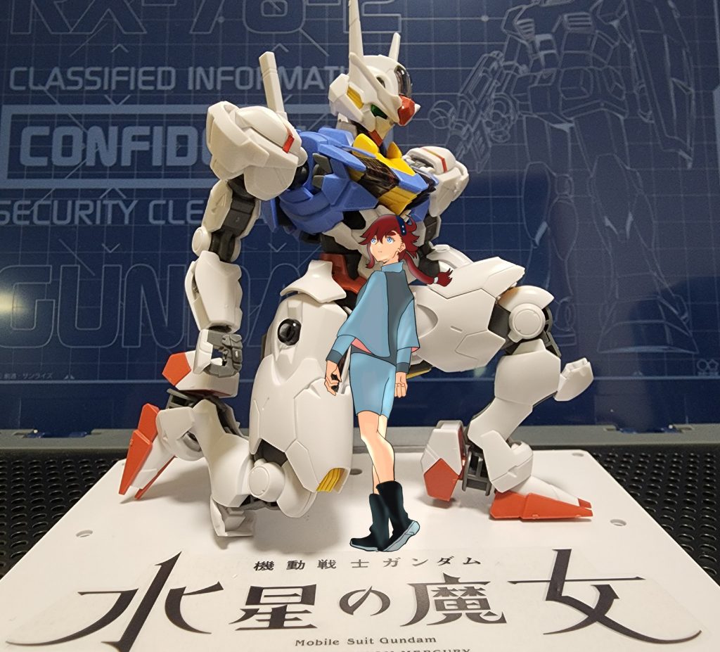 ペイントソフトで合成したらなじませます。遠近感はなかなか出せなかったので、スレッタちゃんの推定身長が6mくらいになってしまっていますが、雰囲気でカバー!