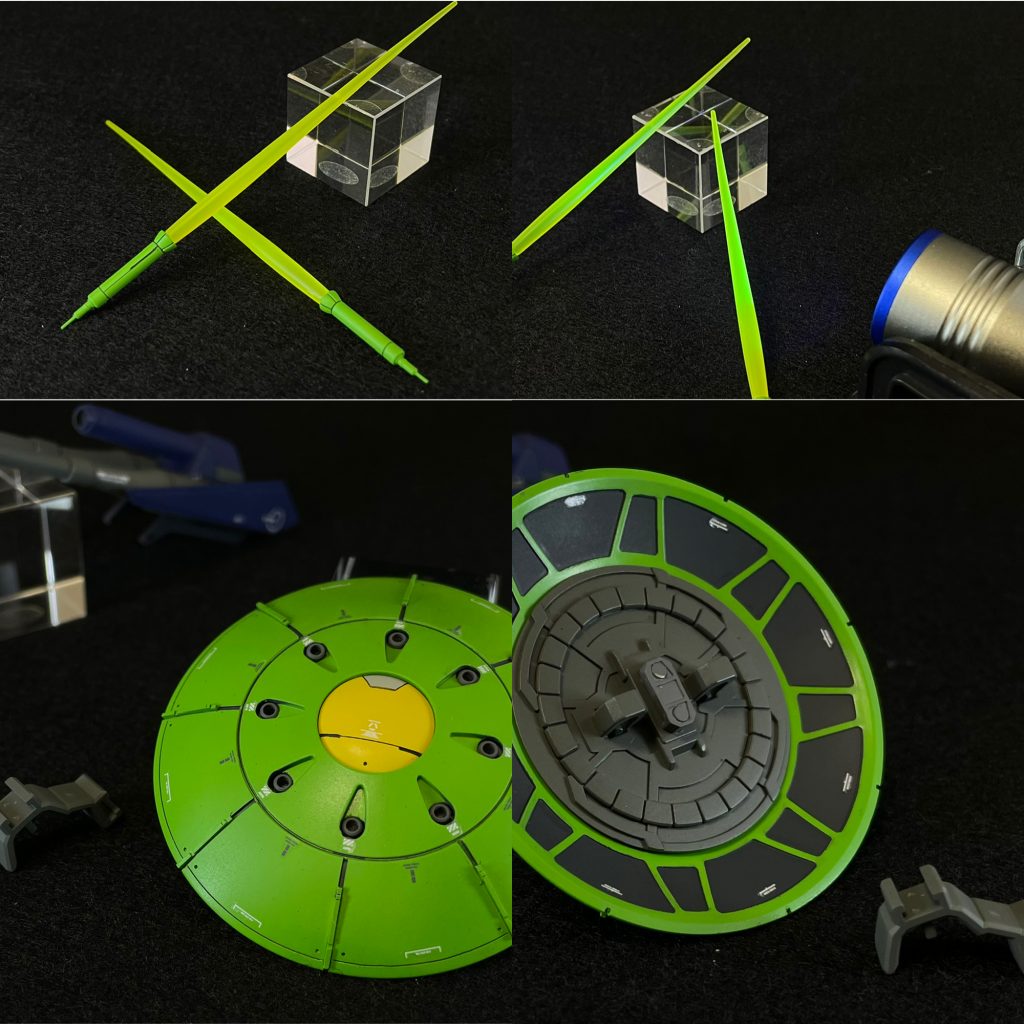 シールド裏、、ひらすらに 塗り分け。サーベルグリップは彫り。サーベルを ブラックライトで光らせてみる。ブラックライトは 根魚権兵衛（笑