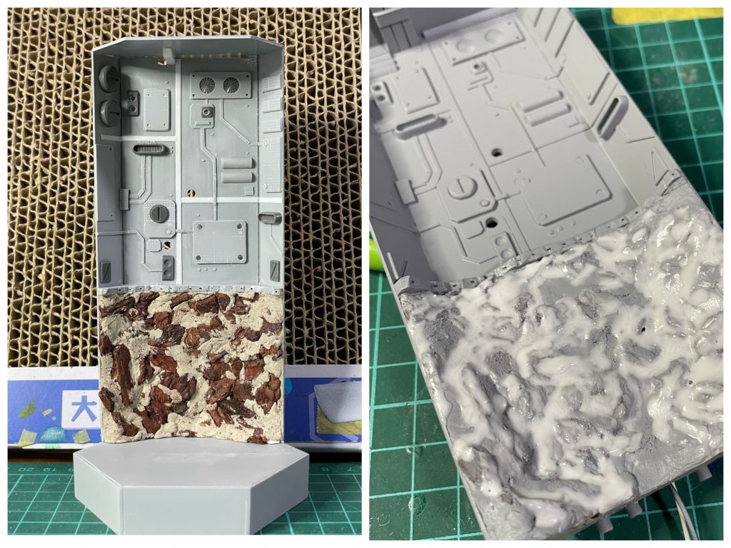 背景もプラ板等でスクラッチしました。左の写真が塗装前。上層の濃いグレーのパーツはコトブキヤM.S.Gのパーツ。他のディテールはプラ板、プラパイプなどで制作。下層の岩肌はエポパテにウッドチップを埋め込んでかさ増ししたんですが、サフを吹いてみたらイマイチだったので隙間にシアノンを流し込んで、ウッドチップはほぼ埋めてしまいました。